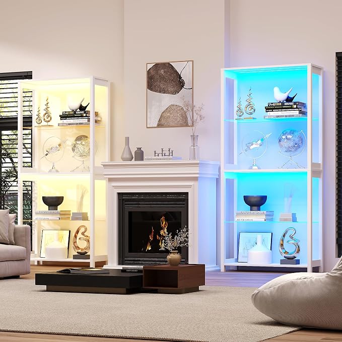 Display Cabinet with Glass Shelves, 4-Tier Display Shelf with LED Lights - Image 8