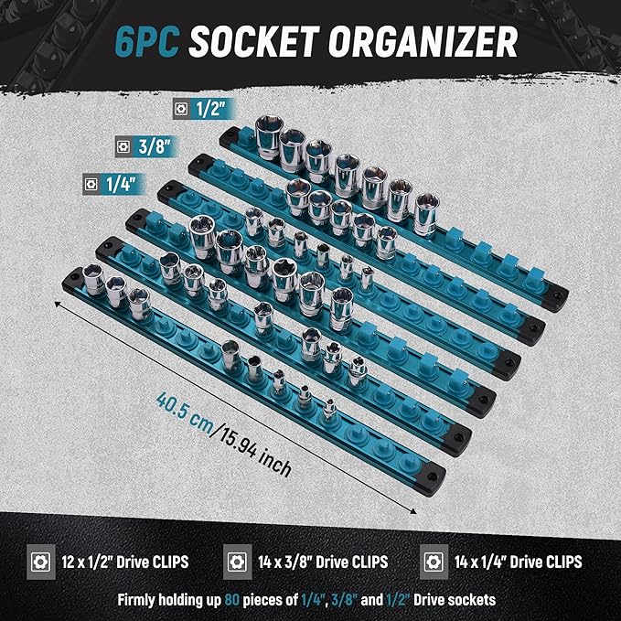 ALOANES Magnetic Socket Organizer Set, 6-Piece Heavy Duty Aluminum Socket Holder Socket Rail Organizer for Tool Box, 360° Swivel Clips Socket Rack 1/4, 3/8, 1/2-Inch x 80 Clips (Aqua Blue)