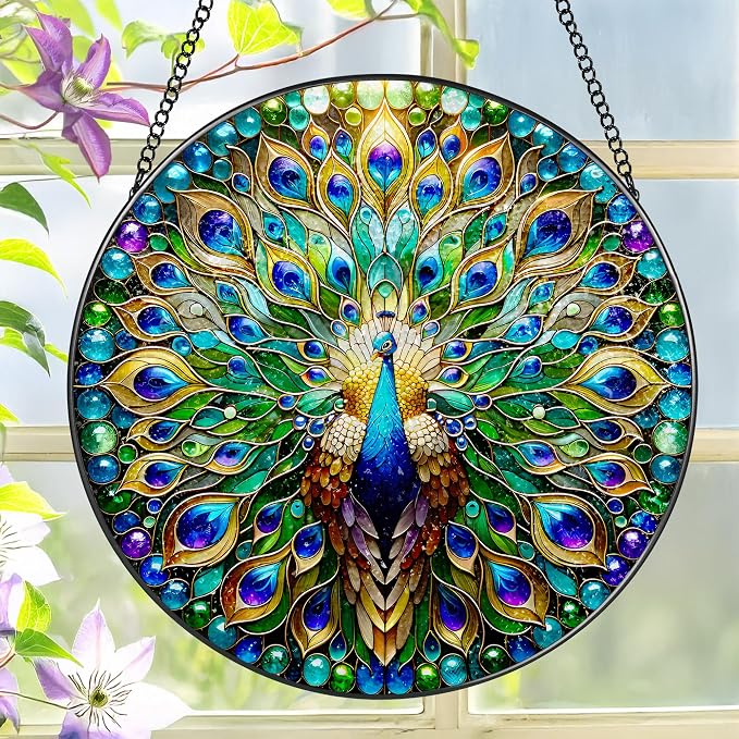 Stained Glass Window Hanging, LAOWEIKI 8'' Peacock Suncatcher, Stained Glass by Unknown