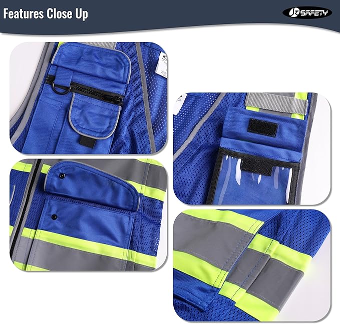 JKSafety 11 Pockets Hi-Vis Blue Mesh Safety Vest for Men Women High Visibility Reflective Construction with Zipper Work Utility PPE Work Gear ANSI/ISEA compliant (102-Blue M)
