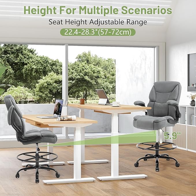 500LBS Drafting Chair, High Back Safer Standing Desk Chair, Executive Tall Office Chair with Flip-up Armrests, Upholstered Fabric Task Chair, Ergonomic Seat with Adjustable Height&Foot Ring, Grey