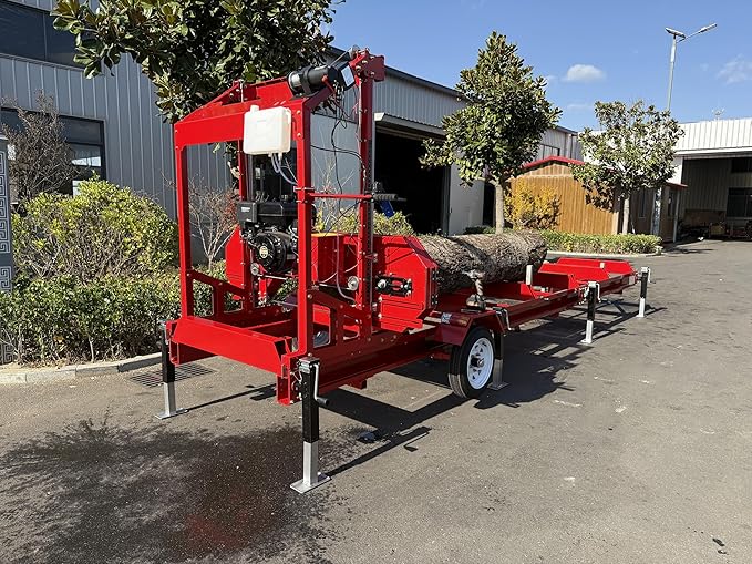 Gas-Powered Sawmill - 15HP 420cc, Cuts 32" Diameter Logs into 32"x7"x188.74" Planks, 160.63" Blade, 19.68FT Rail, 2 Tires, Trailer Hitch, Taillights, Quick Up/Down Sawhead, Red Steel