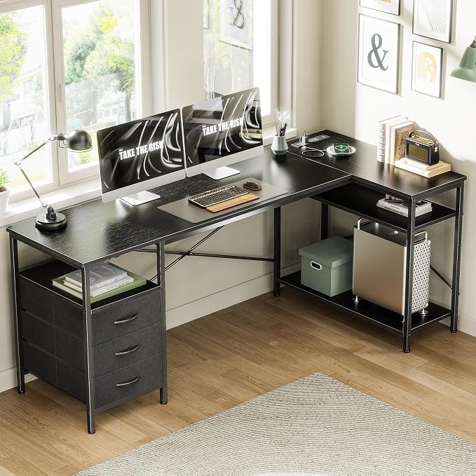 Huuger L Shaped Desk with Power Outlets, 63 Inch Reversible Computer Desk with - Image 2