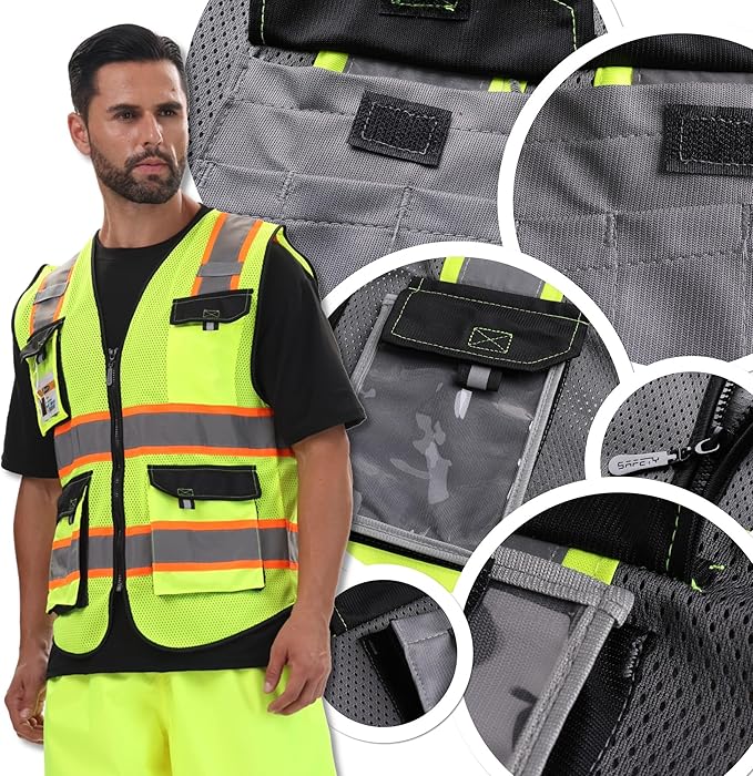 JKSafety Hi Vis Reflective Safety Vests for Men Women High Visibility Vest with Pockets Mesh Fabric Construction Safety Apparel Neon Vest for Work (220-Grey 5XL)
