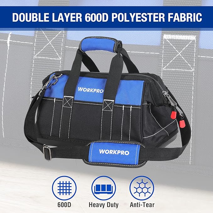 WORKPRO 16-inch Wide Mouth Tool Bag with Water Proof Molded Base
