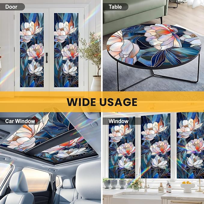 Stained Glass Window Privacy Film: Non-Adhesive Sun and Landscape Mosaic Design - Image 8
