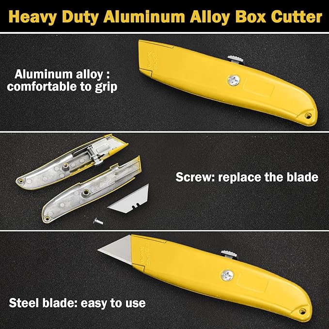 Reginary 30 Pcs Box Cutter Bulk Retractable Blade Utility Knife Heavy Duty Aluminum Alloy Razor Shell Knife for Cartons, Cardboard and Boxes, DIY, Factory, Home(Black, Yellow, Red)