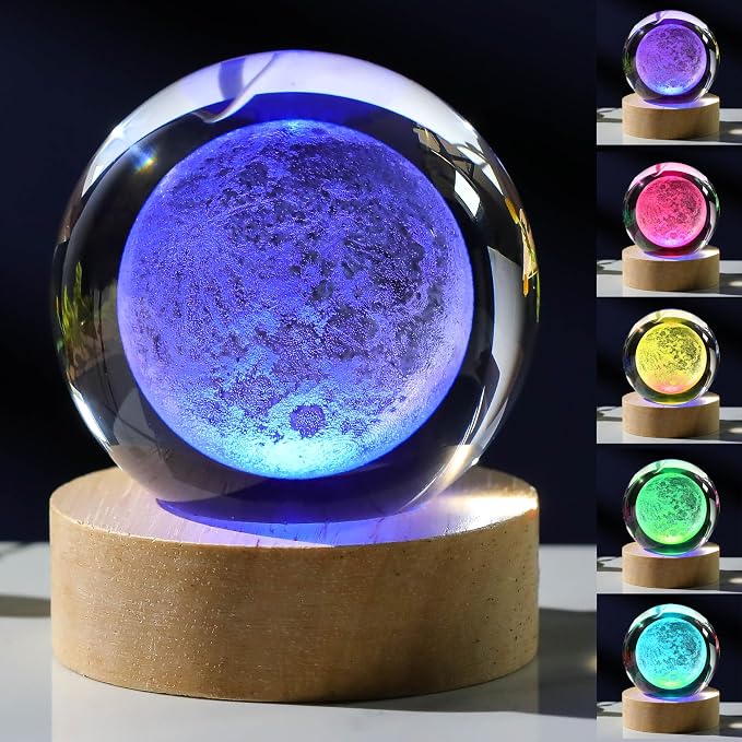 3D Moon Crystal Ball with LED Colorful Lighting Touch Base, Moon Decor Science by Unknown