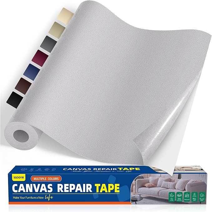 Self-Adhesive Canvas Repair Tape, 16" x 79" Waterproof Canvas Repair Patch, Fabric Patch Repairs Kit for Furniture, Tents, Sunbrellas, Boat Covers Awnings, Couches, Clothes, Bags Light Grey