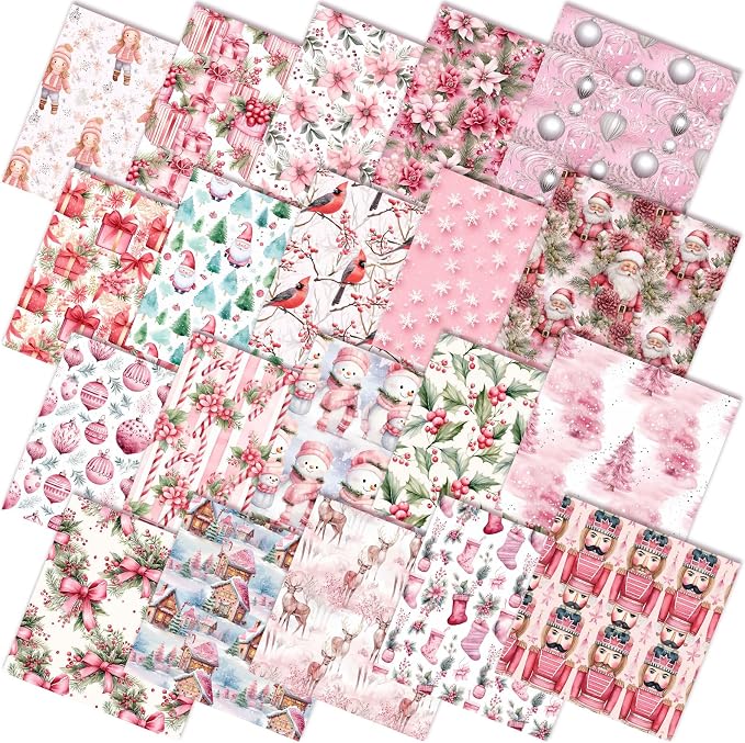 HunnmingRe 20 Pcs 10''x10'' Pink Christmas Quilting Fabric Square Santa Claus by HunnmingRe