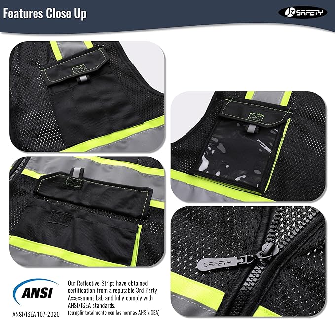 JKSafety Hi Vis Reflective Safety Vests for Men Women High Visibility Vest with Pockets Mesh Fabric Construction Safety Apparel Neon Vest for Work (220-Black 5XL)