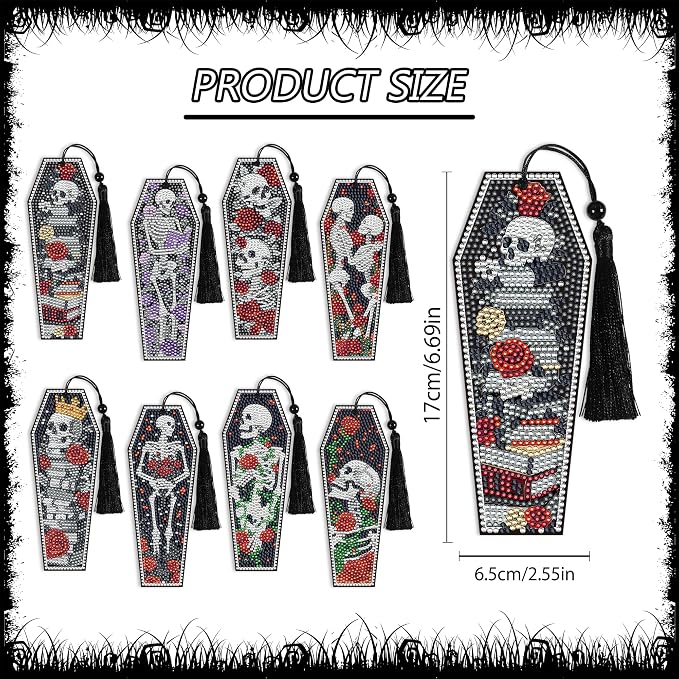 8 Pcs Gothic Skeleton Diamond Art Bookmarks Kit, Skull Halloween Diamond - Image 3