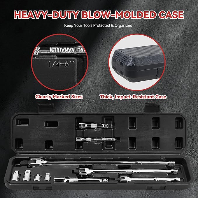 10-Piece Breaker Set - 3/8", "1/2", "1/4" Breaker Bars, 180 Rotatable Head, 3 Extension Bars, 6"-15" Lengths, Organizer Case