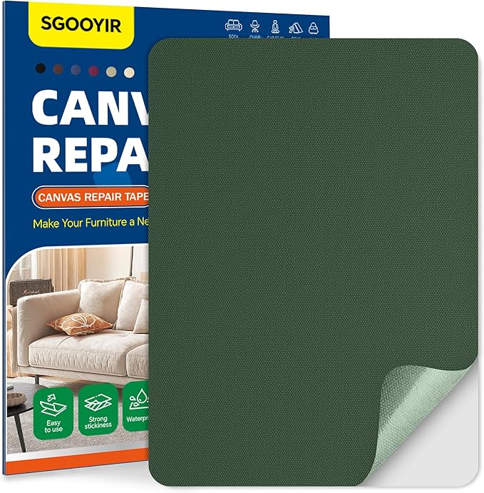 Self-Adhesive Canvas Repair Tape, 8.3" x 11" Waterproof Canvas Repair Patch, Fabric Patch Repairs Kit for Furniture, Tents, Sunbrellas, Boat Covers Awnings, Couches, Clothes, Bags Army Green