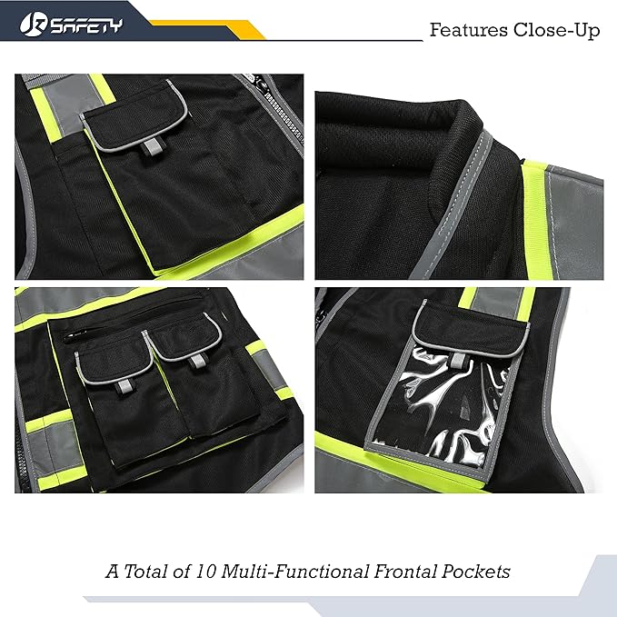 JKSafety 10 Pockets Hi-Vis Zipper Front Black Safety Vest | Cushioned Collar | High Reflective Tapes with Extended Neon Yellow Strips | Meets ANSI/ISEA Standards (XX-Large, 89-Black)