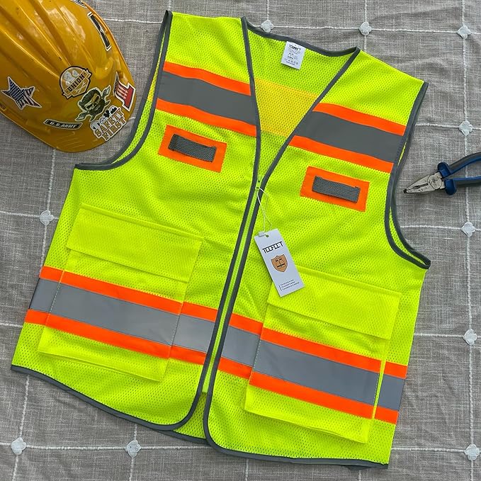 TCCFCCT Mesh Construction Safety Vest with Pockets, High Visibility Reflective Vest for Men & Women, Fluorescent Orange, Meets ANSI/ISEA Standards, Yellow, S
