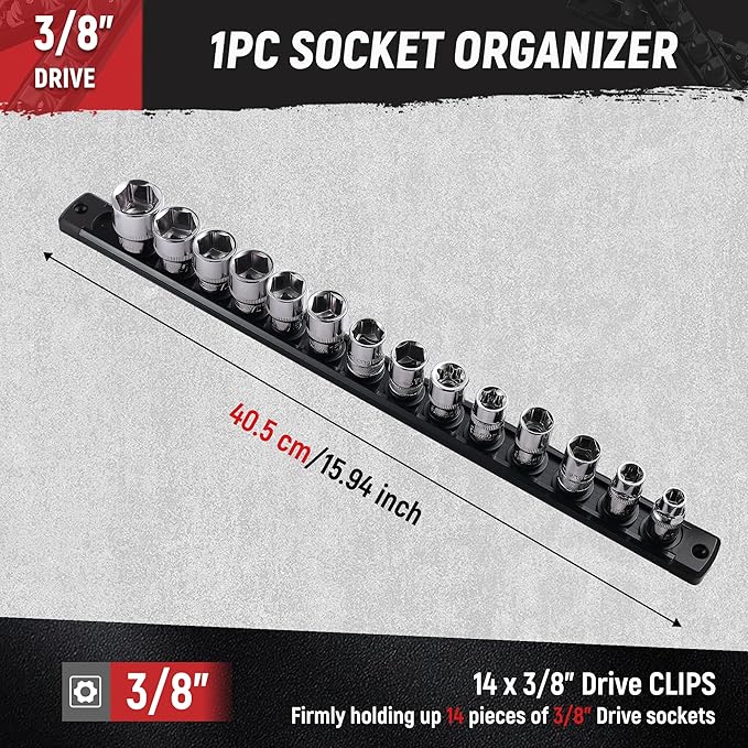 ALOANES Magnetic Socket Organizer, 3/8-Inch Drive Aluminum Socket Holder Socket Tray, Heavy Duty Socket Rail Organizer for Tool Box Drawer, 360°Swivel Clips Socket Rack 3/8-Inch x 14 Clips (Black)