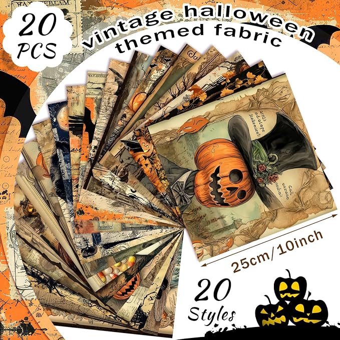 HunnmingRe 20 Pcs 10''x10'' Vintage Halloween Quilting Fabric Square Spooky - Image 2