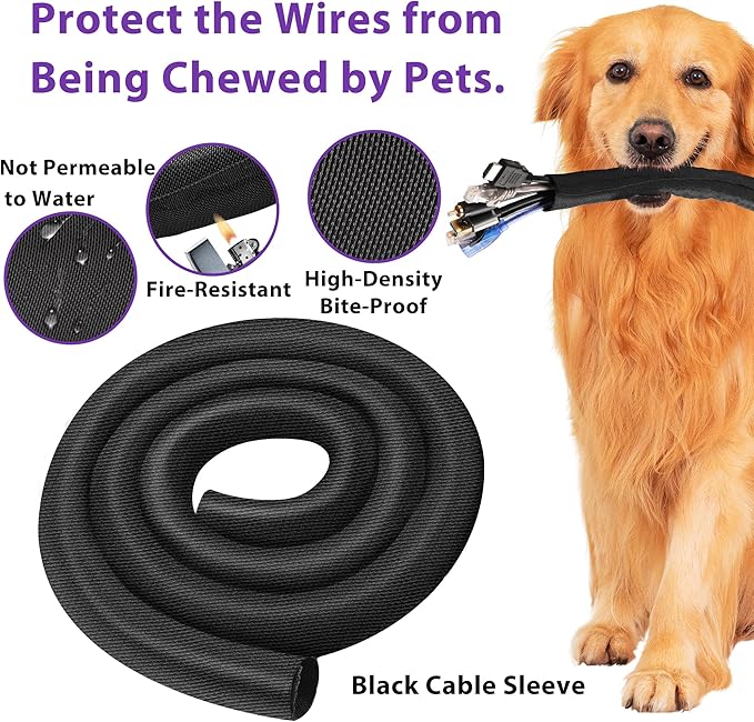 2Pack 5ft - 1inch Pet Cord Protector Chew Proof, YCLYC Flexible Wire Loom Tubing Cable Sleeve, Black Easy Install Cable Organizer, Power Wire Organizer, Cable Management Under Desk, USB, Video