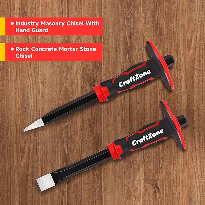 Masonry Chisel Set - 2-Piece Heavy Duty Pointed & Flat Rock Chisels 300x19mm | 40CR Steel Heat-Treated for Brick Concrete Stone - Demolition & Construction Tools