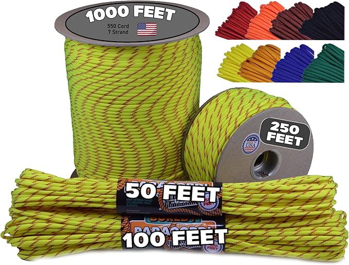 BORED? PARACORD! 550 lb Paracord - Ideal for Crafting, Camping, DIY Projects, Active & Military Outdoors - Strong Survival Rope - Tactical Parachute Cord Type III - Fast Pitch 50 Feet