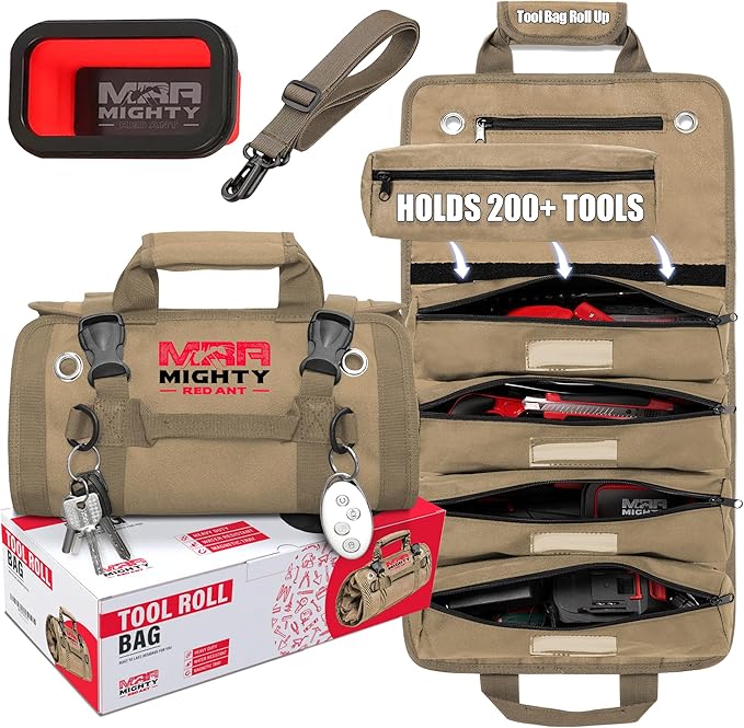 Tool Roll Bag Organizer with Magnetic Plate – Heavy Duty Polyester, Ideal Gifts For Men, Portable Tool Roll Up Bag with 5 Large Pouches & 4 Tool Strap – Khaki (26 Inches)