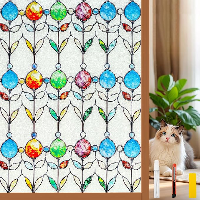 Countewol Frosted Privacy Window Film Stained Glass Style Adhesive-Free by Countewolwindowfilm