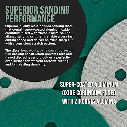 Dura-Gold Premium 180 Grit 5" Green Film Sanding Discs, 8-Hole Pattern, Box of 50 - Dustless Hook & Loop Backing Sandpaper for DA & Random Orbital Sanders, Sand Automotive Paint Woodworking Furniture