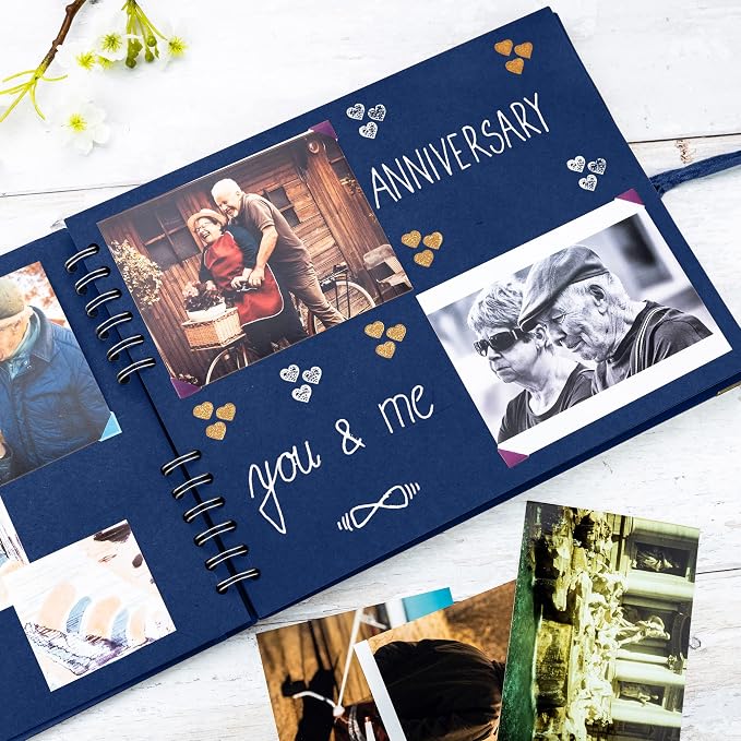 Bstorify Square Scrapbook Photo Albums 50 Pages Blue Thick Paper, Ribbon Closure - Image 6