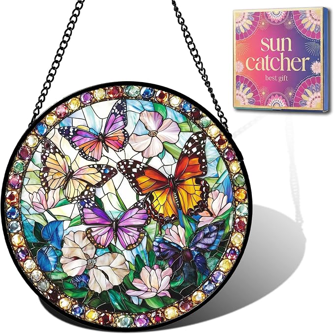 Butterfly Flower Acrylic Suncatcher Faux Stained Glass Window Hanging 11.8" | by Unknown