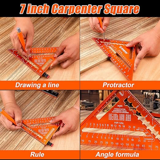 4Pcs Woodworking Tools -7''Aluminum Rafter Square,12''Adjustable Protractor Angle Finder,10'Woodworking Square Ruler and T-Bevel Gauge-1/16 Precision…