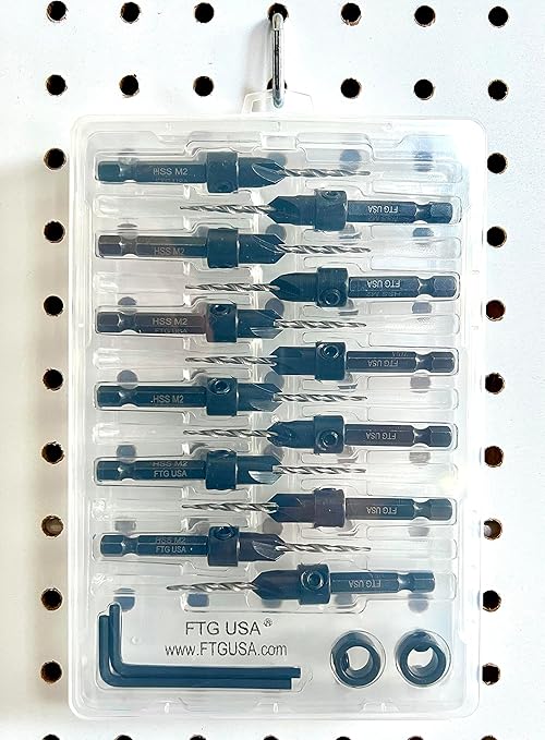 FTG USA Countersink Drill Bit Set for Wood with Tapered Drill Bit 12 Pc #4 (7/64")