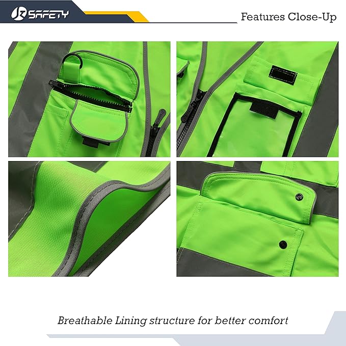 JKSafety 9 Pockets Class 2 High Visibility Zipper Front Safety Vest With Reflective Strips, Meets ANSI/ISEA Standards (X-Large, 150-Green)