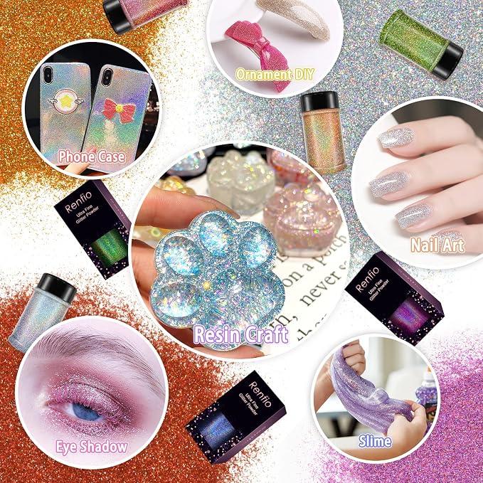Renfio Holographic Ultra Fine Glitter Powder Metallic Resin Glitter 2.11 Oz PET - Image 5