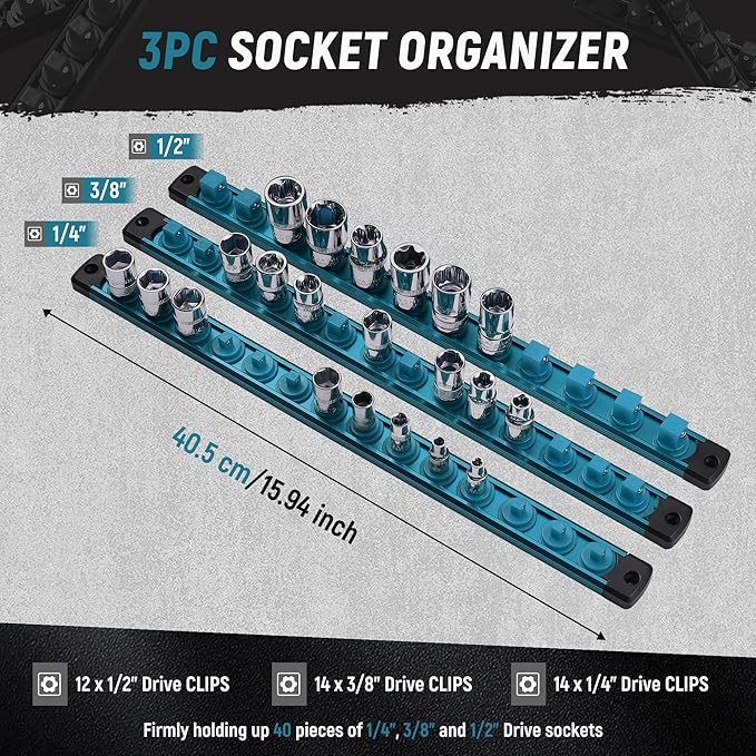 ALOANES Magnetic Socket Organizer Set, 3-Piece Heavy Duty Aluminum Holder Rail for Tool Box, 360 Swivel Clips Rack 1/4, 3/8, 1/2-Inch x 40 Clips (Aqua Blue)