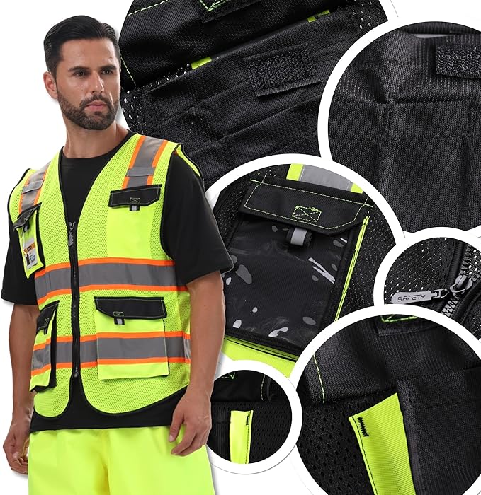 JKSafety Hi Vis Reflective Safety Vests for Men Women High Visibility Vest with Pockets Mesh Fabric Construction Safety Apparel Neon Vest for Work (220-Black S)