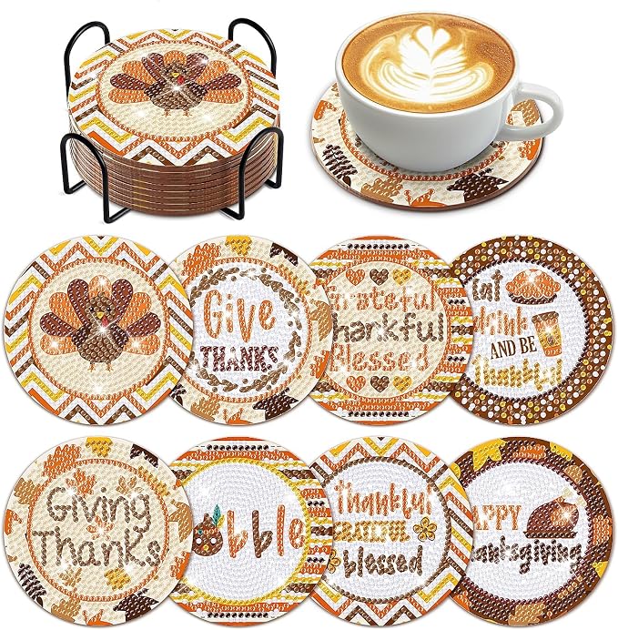 8 Pcs Thanksgiving Day Fall Diamond Coasters Kits by cumule