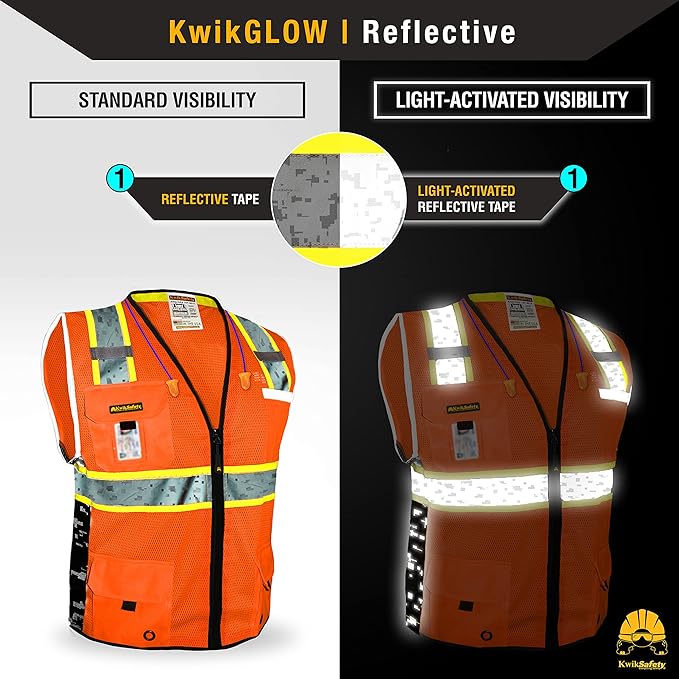 KwikSafety - BIG KAHUNA DIGITAL Safety Vest [LIMITED EDITION] Class 2 ANSI OSHA Reflective Vest Durable High Visibility Vest Construction Safety Vest for Men Industrial Work Gear/Orange Small