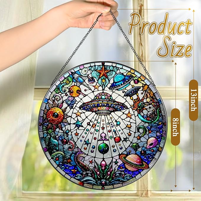 Stained Glass Window Hanging, LAOWEIKI 8'' UFO&Alien Suncatcher, Stained Glass - Image 4