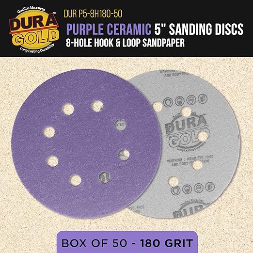 Dura-Gold Premium 180 Grit 5" Purple Film Ceramic Sanding Discs, 8-Hole Pattern, Box of 50 - Dustless Hook & Loop Backing Sandpaper for DA & Random Orbital Sanders - Sand Auto Paint, Wood, Woodworking