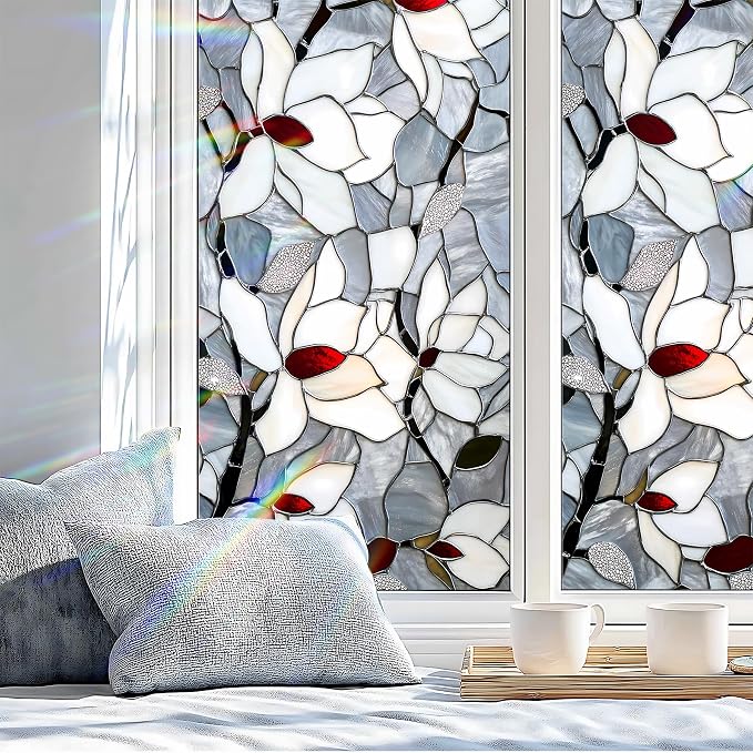 Stained Glass Window Privacy Film: Non-Adhesive Sun and Landscape Mosaic Design - Image 4