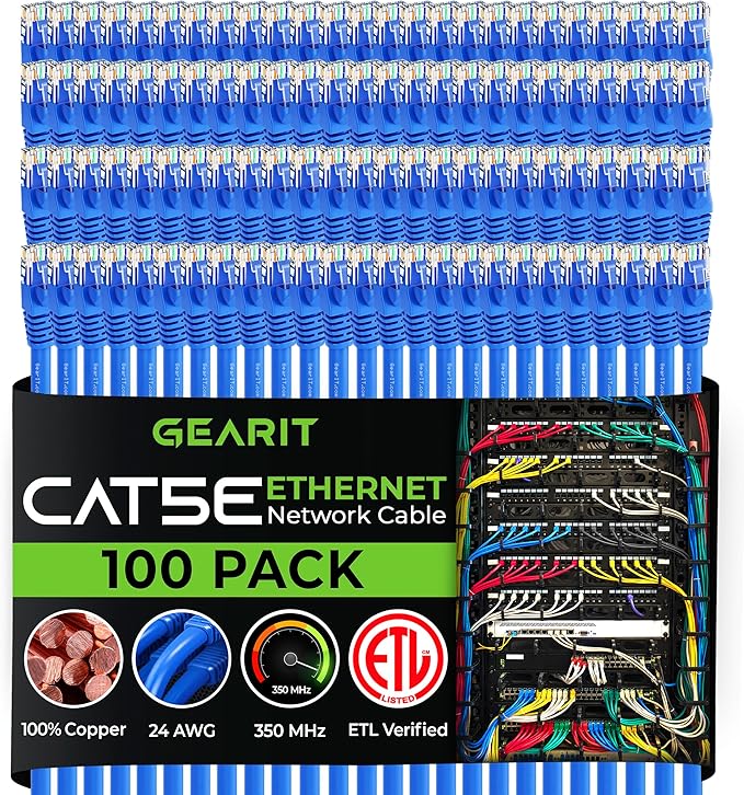 GearIT 100-Pack, Cat5e Ethernet Patch Cable 3 Feet - Snagless RJ45 Computer LAN Network Cord, Blue - Compatible with 48 Port Switch POE Rackmount 48port Gigabit