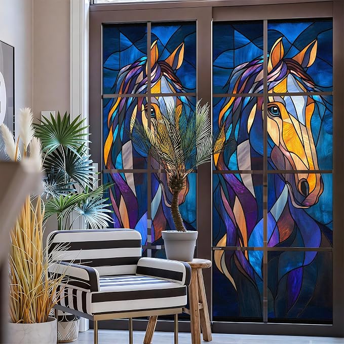 Stained Glass Window Privacy Film: Non-Adhesive Sun and Landscape Mosaic Design - Image 3