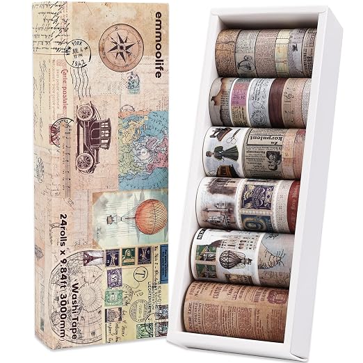 24 Rolls Vintage Washi Tape Set, Antique Car Buildings Map Stamp Stripe - Image 9