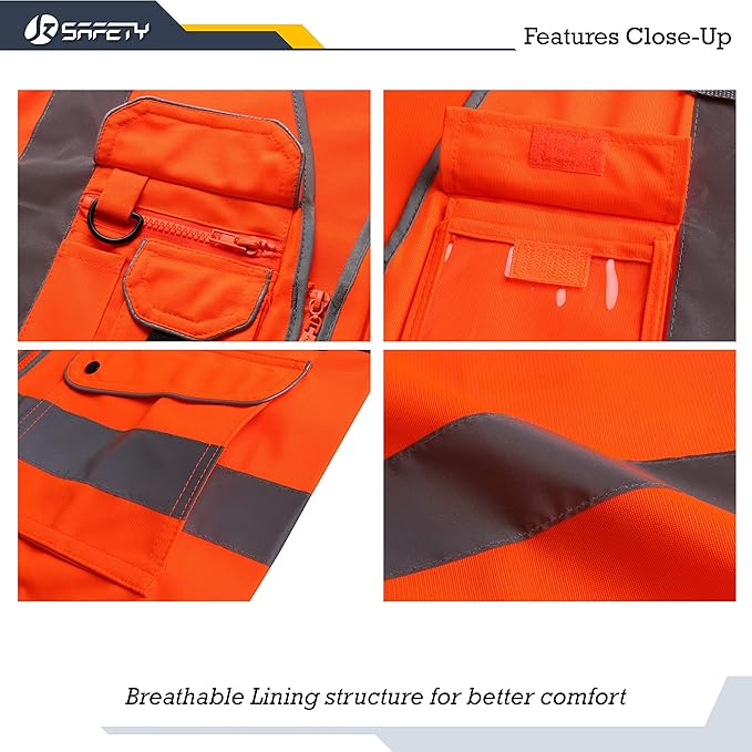 JKSafety 9 Pockets Class 2 High Visibility Zipper Front Safety Vest With Reflective Strips, Meets ANSI/ISEA Standards (150-Orange, XXL)