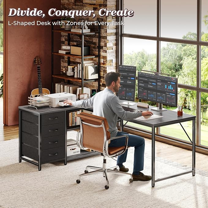 PRAISUN 53" L Shaped Desk with Power Outlets & USB-C Port, Reversible Computer - Image 3