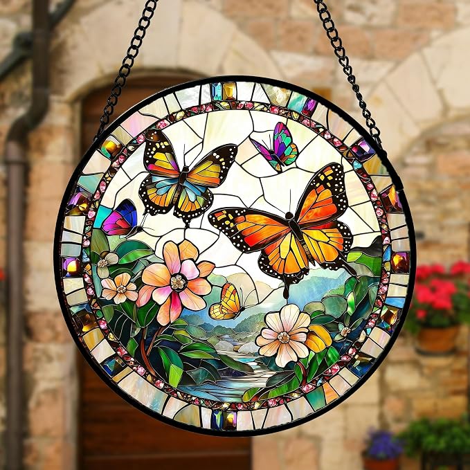 DASTOLL Stained Glass Window Hanging, Butterflies Flying in the Sky Suncatcher - Image 2
