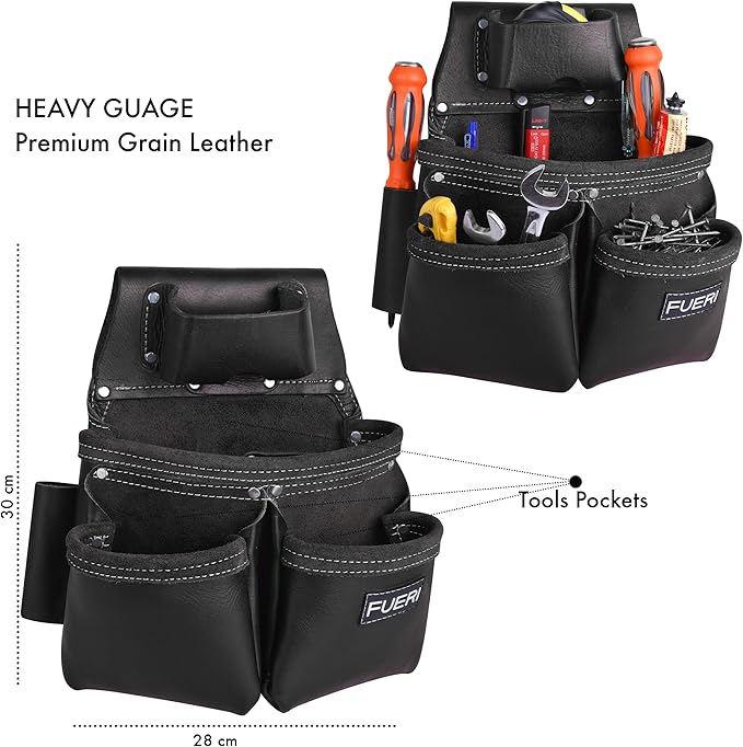 Heavy Duty 19 Pocket Leather Tool Belt Multipurpose Pockets Work Organizer Pouch Framing Fat Lip Tool Holder for Carpenter, Construction, Handyman, and Electrician Tool Belt Set