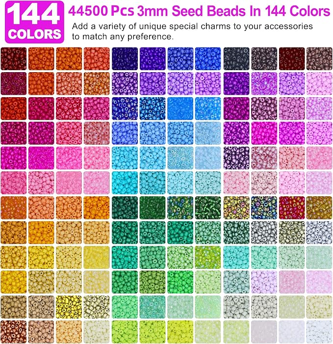 Redtwo 3mm 44500pcs 144 Colors Glass Seed Beads Kit | 7 Boxes Small Beads - Image 2