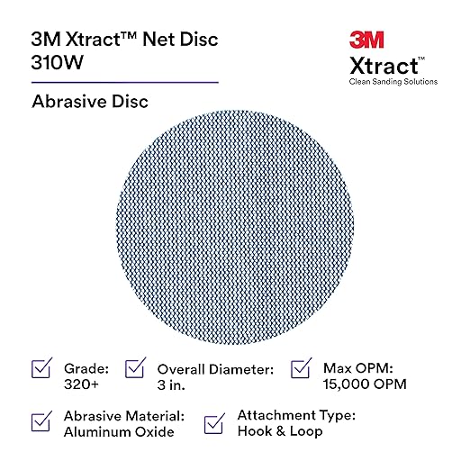 3M Xtract Net Disc 310W, 320+, 3 in, Die 300V, Pack of 50 Hook and Loop Sanding Discs, Virtually Dust-Free, Value Option for Metal, Wood, Composites, Stock Removal, and Fine Finishing